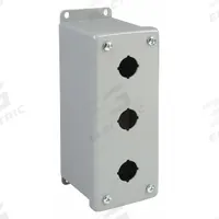 HOFFMAN Push Button Enclosure: 22mm, 3 Holes, Carbon Steel, NEMA 12 (MPN E3PBGXM). Key specifications — Brand: HOFFMAN; Environments & Applications: Indoor Dust & Water Droplets.