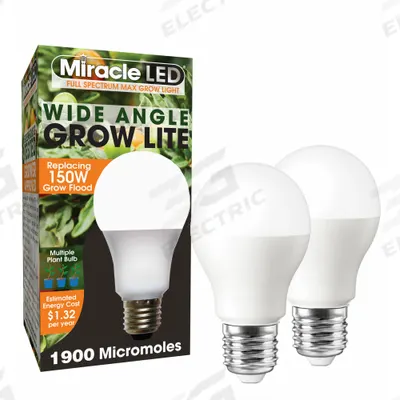MIRACLE LED Grow Bulb: LED, A19, 120V, Full/Broad - Plant Growth Bulbs