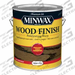 MINWAX Wood Stain: Wood Stain, Interior, Water, 1 qt Container Size, Wood, Satin, True Black, Solid (MPN 108510000). Key specifications — Brand: MINWAX; Transparency: Solid; Use Location: Interior; Sheen: Satin; Sub-Brand: Wood Finish; Color: True Black.