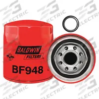 BALDWIN FILTERS Fuel Filter: Spin-On, 3 11/16 in Outside Dia, 1"-14 Thread Size, Cellulose, Hino (MPN BF948). Key specifications — attr1137520: BF948; attr434022: BALDWIN FILTERS; attr427730: Cellulose; attr427731: ES24-D O-Ring; attr1017112: Buses; attr1017113: Hino.