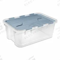 STERILITE Storage Tote: 10 gal, 24 in x 16 in x 9 in, Clear Body, Blue Lid, Stacking Capable (MPN 23946H06). Key specifications — Material: Plastic; Brand: STERILITE.