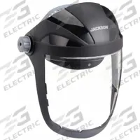 JACKSON SAFETY Face Shield: Clear, Anti-Fog, Reusable, 12 1/8 in Visor Wd, 9 in Visor Ht (MPN 14220). Key specifications — Headgear Color: Black; Brand: JACKSON SAFETY; Visor Material: Polycarbonate; Visor Features: Reusable.