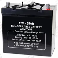 APPROVED VENDOR Sealed Lead Acid Battery: 12V DC, 55 Ah Capacity, 8.27 in Ht, 5.44 in Wd, 9.06 in Dp (MPN 2UKL5). Key specifications — Terminal Connection: Tab with 0.197 in Bolt Hole; Battery Cycle Type: Deep Cycle; Brand: APPROVED VENDOR; Housing Material: ABS.