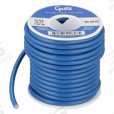GROTE Primary Automotive Wire: GPT, 25 ft, 1 Conductor, 12 AWG, Blue - PVC-Insulated General Purpose Primary Wires