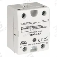DAYTON Solid State Relay: Surface Mounted, 10 A Max Output Current, SCR, AC Output (MPN 1EGL1). Key specifications — Brand: DAYTON; Current Type: AC; Electrical Connection: Screw; Finger Safe: Yes; Maximum Output Current without Heat Sink: 3 A; Mounting Style: Surface; Output Voltage: 48 to 480V AC; Switch Configuration: Form A.