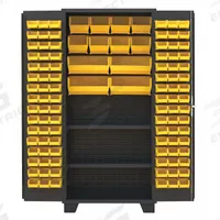 JAMCO Bin Cabinet: 36 in x 24 in 78 in, 2 Shelves, 108 Bins, Yellow, Flush, 14 ga Panel, Black (MPN DX236BL). Key specifications — Bin Color: Yellow; Bin HxWxD: (4) 7 in x 16-1/2 in x 14-3/4 in; Assembled: Assembled; Cabinet Style: Shelf and Bin; Brand: JAMCO; Cabinet Color: Black; Cabinet Finish: Powder Coated; Cabinet Material: Steel.