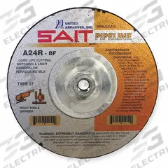 SAIT Cut-Off & Grinding Wheel: Type 27, 4 1/2" x 1/8" x 5/8"-11, Aluminum Oxide, 24 Grit (MPN 22130). Key specifications — Series: A24R Pipeline; Brand: UNITED ABRASIVES-SAIT.