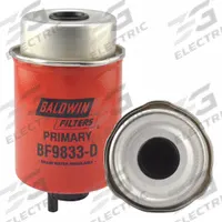 BALDWIN FILTERS Fuel Filter: Cartridge, 6 1/16 in Overall Lg, 3 1/4 in Outside Dia, Cellulose, JCB (MPN BF9833-D). Key specifications — attr1137520: BF9833-D; attr1137521: FS19979; attr434022: BALDWIN FILTERS; attr427730: Cellulose; attr427731: Attached Grommet; attr1017112: Trucks; attr1017113: JCB.