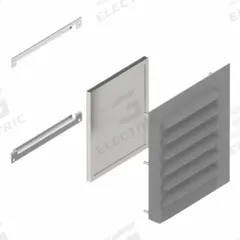 HAMMOND Louvered Vent Kit: 14 ga. Steel, 5.56 in Overall Ht, 5.3 in Overall Wd, 4 in Cut Out Ht (MPN 1481L3R55GY). Key specifications — Brand: HAMMOND; Manufacturer Part Number: 1481L3R55GY.