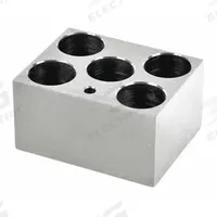 OHAUS Modular Block: Anodized Aluminum, 3 in Overall Wd, 3 3/4 in Overall Lg, 5 Wells, 50 mL (MPN 30400168). Key specifications — Product Type: Dry Bath Block; Includes Thermometer Well: Yes; Material: Anodized Aluminum; Volume Capacity: 50 mL; Brand: OHAUS.