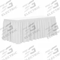 R&R TEXTILE Table Skirt: White, 13 ft Overall Lg, Poly, Shirred, Hook-and-Loop, 29 in Overall Ht (MPN EE-Pshirred-13FTx29in-White). Key specifications — Attachment Type: Hook-and-Loop; Material: Poly; Pleat Type: Shirred; Brand: R&R TEXTILE.