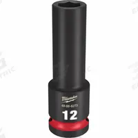 MILWAUKEE Deep Impact Socket: 1/2 in Drive Size, Metric, 12 mm Socket Size, 6-Point, Deep, Friction (MPN 49-66-6273). Key specifications — attr1215501: MILWAUKEE; attr1215515: Black Phosphate; attr1215518: 12 mm.