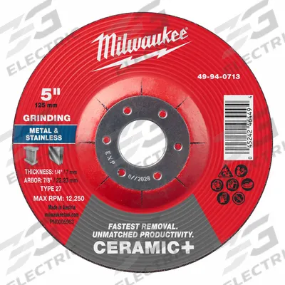 MILWAUKEE Grinding Wheel: Type 27, 5" x 1/4" x 7/8", Ceramic - Cool-Cutting Grinding Wheels for Carbon & Stainless Steel