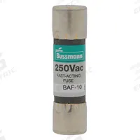 BUSSMANN Fuse: BAF Series, Midget, Fast-Acting, 15 A, 250 V AC, 13/32 in x 1 1/2 in, Non-Indicating (MPN BAF-15). Key specifications — attr1287209: BAF; attr211192: BUSSMANN.