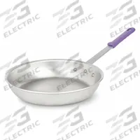 VOLLRATH Fry Pan: 12 in Top Dia, Aluminum, Silver, Silicone, NSF Certified, Natural, Aluminum (MPN 401280). Key specifications — Brand: VOLLRATH; Handle Color: Purple; NSF Certified: Yes; Product Type: Fry Pan; Body Color: Silver; Handle Material: Silicone; Body Material: Aluminum; Handle Type: Riveted.