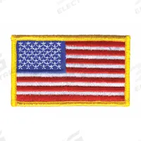 HEROS PRIDE Embroidered Patch: U.S. Flag, 3 3/8 in x 2 in, Gold, Plastic, Sew-On, Flag (MPN 0001HP). Key specifications — attr1074238: Sew-On; attr188498: 3-3/8 in x 2 in; attr188499: Gold; attr188500: Plastic; attr188503: U.S. Flag; attr193746: HEROS PRIDE.