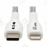 EATON TRIPP LITE Usb Cable: Type C End 1, Lightning End 2, Black/White, 3 ft Lg, USB Cable (MPN M102-003-HD-SL). Key specifications — End 1 Connection Type: Type C; Color: White; Brand: EATON TRIPP LITE; Jacket Material: TPE; Product Type: USB Cable; End 2 Connection Type: Lightning.