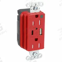 USB Receptacle: Duplex, 5-15R, 2 USB Ports, USB Type A/C, Red, 125V AC, 15 A (MPN SNAP8200UACR). Key specifications — Brand: HUBBELL.