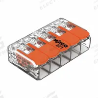 WAGO Lever Wire Connector: 5 Port, 24 AWG – 12 AWG Solid Wire Size Range, 32 A, 600 V, 221 Series (MPN 221-415). Key specifications — attr1307071: WAGO; attr1307104: Lever; attr1351713: 221.