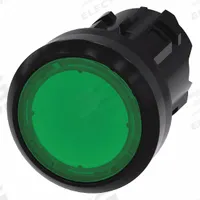 SIEMENS Flush Push Button: Green, 22 mm Mounting Size, Non-Metallic, Momentary (MPN 3SU1001-0AB40-0AA0). Key specifications — Brand: SIEMENS; Action: Momentary; Series: 3SU; Push Button Material Type: Non-Metallic.