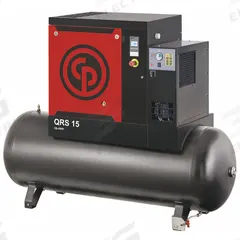 CHICAGO PNEUMATIC Rotary Screw Air Compressor w/Air Dryer: Horizontal, 15 hp, 49.2 cfm, 132 gal Tank (MPN QRS 15 HPD). Key specifications — attr48606: Three; attr48593: 208 to 230V AC; attr48578: CHICAGO PNEUMATIC; attr110305: Included.