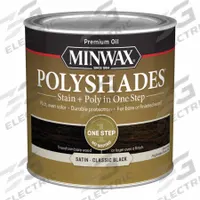 MINWAX Wood Stain: Wood Stain and Sealer, Interior, Oil, 0.5 pt Container Size, Wood, Satin, 1 Step (MPN 213954444). Key specifications — Brand: MINWAX; Transparency: Semi-Transparent; Use Location: Interior; Sheen: Satin; Sub-Brand: PolyShades; Color: Classic Black.