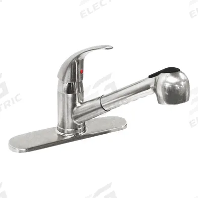 DOMINION FAUCETS Low Arc Pull Out Kitchen Faucet: Silver, Cast Brass, Single-Post, Deck - Single-Post Kitchen Faucets