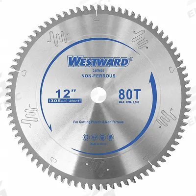 WESTWARD Circular Saw Blade: 12 in Blade Dia., 80 Teeth, 0.11 in Cut Wd, 1 in Arbor Size - Aluminum & Soft Metal-Cutting Blades