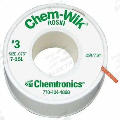CHEMTRONICS Desoldering Wick: Rosin Flux, # 3, 0.08 in, 25 ft, Green - Rosin Flux Desoldering Braids