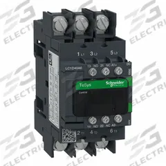 SCHNEIDER IEC contactor: Non-Reversing, 3 Poles, 3NO Contacts, 40 A, 24V DC Coil (MPN LC1D40A6BBE). Key specifications — Brand: SCHNEIDER; Integrated Surge Suppression: No.
