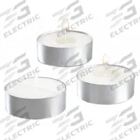 STERNO Tea Lights: 5 hr Burn Time, Cream, 5/8 in Overall Ht, 1 1/2 in Overall Wd (MPN 40100). Key specifications — Application: Inside Lamps; Brand: STERNO; Light Color: White; Color: Cream; Material: Wax; Product Type: Tealight Candles.