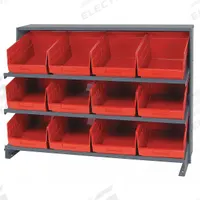 QUANTUM STORAGE SYSTEMS Bench Pick Rack: 36 in x 12 in x 27 in, 1 Usable Sides, 3 Shelves, 12 Bins (MPN QPRHA-207RD). Key specifications — Bin HxWxD: (12) 6 in x 8-3/8 in x 11-5/8 in; Frame Material: Steel; Frame Color: Gray; Bin Color: Red; Brand: QUANTUM STORAGE SYSTEMS.
