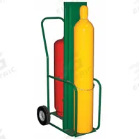 SAFTCART Cylinder Hand Truck: 400 lb, Back to Back, 2 Cylinder, 10 in W x 10 in D Nose Plate (MPN 613-10-FW). Key specifications — Brand: SAFTCART; Color: Green; Securing Mechanism: Chain.