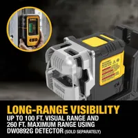 DEWALT Line Laser: Green Beam, 3 Planes, 100 - 200 ft Range w/o detector, ±1/8 in @ 33 ft Accuracy (MPN DCLE14301G). Key specifications — attr935979: AA; attr934757: DEWALT; attr936112: ±1/8 in @ 33 ft; attr936114: Pendulum Self-Leveling; attr935981: Power Adapter.