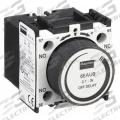 DAYTON IEC Timer Module: Off Delay, 0.1 sec – 3 sec, 1NO/1NC (MPN 6EAU0). Key specifications — Mounting: Front; Brand: DAYTON.