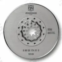FEIN Oscillating Tool Blade: 3 3/8 in Blade Wd, 3 3/8 in Overall Lg, Long Cutting, Bi-Metal (MPN 63502174210). Key specifications — attr1097568: Long Cutting; attr1097557: FEIN; attr1097582: Wood.