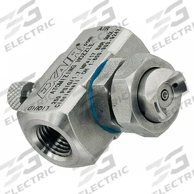 EXAIR Atomizing Spray Nozzle: Pressure, 4.4 scfm, Narrow Angle Flat, 1/4 in FNPT - External Mix Air-Atomizing Spray Nozzles