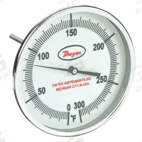 DWYER Glow-in-the-Dark Dial Thermometer: 0°F to 300°F, +/- 1% Accuracy, 5 in Dial Dia, Male (MPN GBTB560151). Key specifications — Accuracy: +/- 1%; Brand: DWYER.