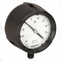 ASHCROFT Process Compound Gauge: 0 psi to 30 psi, White, 4 1/2 in Dial, 1/2 in NPT Male, Bottom (MPN 451279AS04LV/30#). Key specifications — Brand: ASHCROFT; Pointer Color: Black; Accuracy: ±0.5%; Dial Color: White; Gauge Wetted Parts: Brass / Bronze; Case Material: Phenolic; Vibration Resistance Properties: None; Pressure Range: 0 psi to 30 psi.