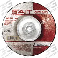 SAIT Depressed Center Grinding Wheel: Type 28, 4 1/2" x 1/4" x 5/8"-11, Aluminum Oxide, 24 Grit (MPN 21026). Key specifications — Series: A24R; Brand: UNITED ABRASIVES-SAIT.