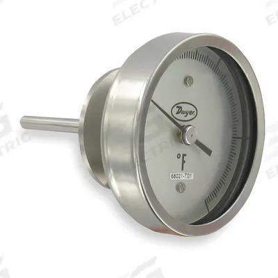 Dwyer Sanitary Dial Thermometer: 0°F to 250°F, +/- 1% Accuracy, 3 in Dial Dia - Back-Mount Fixed-Angle Sanitary Clamp Dial Thermometers
