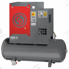 CHICAGO PNEUMATIC Rotary Screw Air Compressor w/Air Dryer: Horizontal, 5 hp, 16.6 cfm, 60 gal Tank (MPN QRS 5 HPD). Key specifications — attr48606: Single; attr48593: 230V AC; attr48578: CHICAGO PNEUMATIC; attr110305: Included.