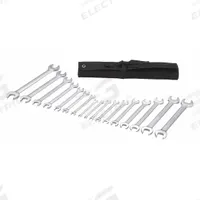 WESTWARD Open End Wrench Set: Alloy Steel, Satin, 17 Tools, 15° Opening Angle (Deg.), Canvas Pouch (MPN 54DG07). Key specifications — attr309745: No; attr309746: Canvas Pouch; attr309754: Satin; attr309753: Alloy Steel; attr309743: 6 mm to 23 mm; attr324938: WESTWARD.