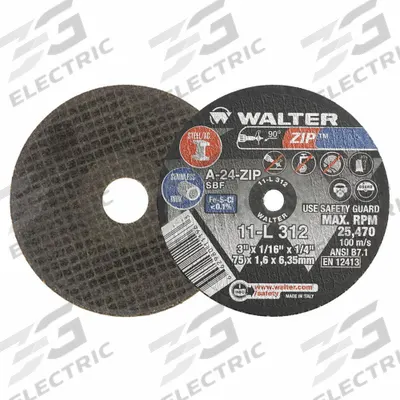 WALTER SURFACE TECHNOLOGIES Abrasive Cut-Off Wheel: Type 1, 3" x 1/16" x 1/4", Aluminum Oxide, 24 Grit - General Purpose Cut-Off Wheels for Carbon & Stainless Steel