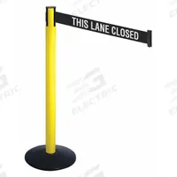 RETRACTA-BELT Barrier Post with Belt: Black, No Pattern, This Lane Closed, 10 ft Belt Lg, Yellow (MPN 331YA-TLC). Key specifications — attr981468: Cast Iron; attr981465: Black; attr981461: RETRACTA-BELT; attr981440: Aluminum; attr981443: Yellow; attr981449: This Lane Closed; attr981448: White.