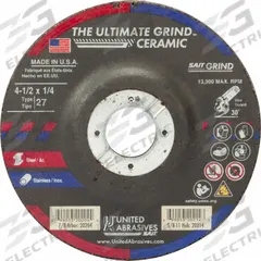 SAIT Abrasive Grinding Wheel: Type 27, 4 1/2" x 1/4" x 7/8", Ceramic, 24 Grit (MPN 20204). Key specifications — Series: Ultimate Grind Ceramic; Brand: UNITED ABRASIVES-SAIT.