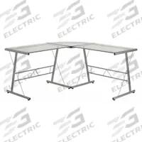 FLASH FURNITURE Office Desk: Glass, Clear, 0 Pedestals, 0 Drawers, 83 1/2 in Overall Wd, Metal Frame (MPN NAN-CD-22181-GG). Key specifications — Desktop Material: Glass; Includes Modesty Panel: No; Kit Product Type: L-Shaped Office Desk; Desktop Color: Clear; Brand: FLASH FURNITURE; Frame Color: Silver; Frame Material: Metal; Product Type: L-Shaped Office Desk.