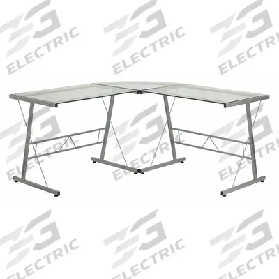 FLASH FURNITURE Office Desk: Glass, Clear, 0 Pedestals, 0 Drawers, 83 1/2 in Overall Wd - L-Shaped Desks