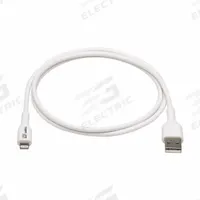 EATON TRIPP LITE Usb Cable: Type A End 1, Lightning End 2, White, 3.3 ft Lg, 2.0 USB Specification (MPN M100AB-01M-WH). Key specifications — attr1025998: Type A; attr126167: White; attr131764: EATON TRIPP LITE; attr1026008: PVC; attr1032475: USB Cable; attr1026001: Lightning.