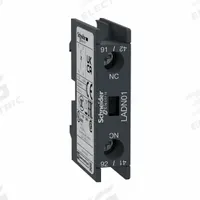 SCHNEIDER Auxiliary Contact Block: 1NC, 10 A Max Current (AC), Front Mount, Front-Mounted (MPN LADN01). Key specifications — Brand: SCHNEIDER; Compatible with Series: TeSys F.